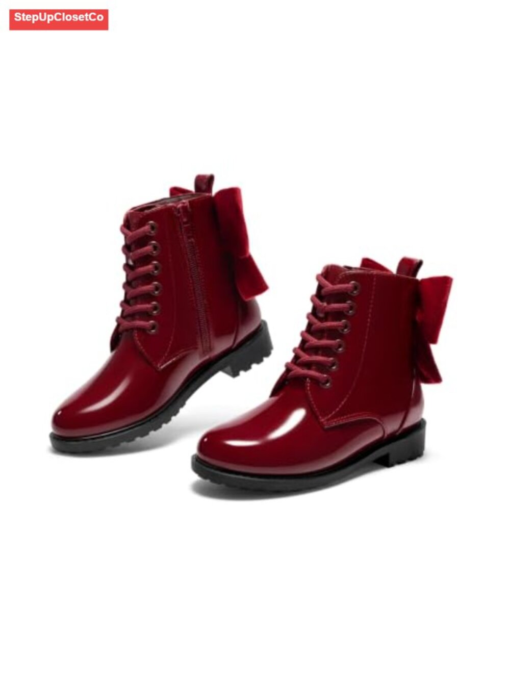 Girls Combat Ankle Boots Bow Lace Up Side Zipper Chunky Heel